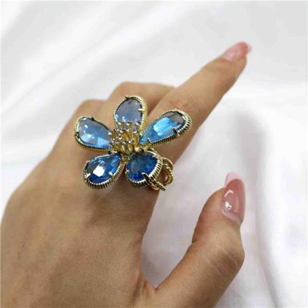 Crystal Flower Band Ring – Adjustable Blue or White Crystal Statement Jewelry